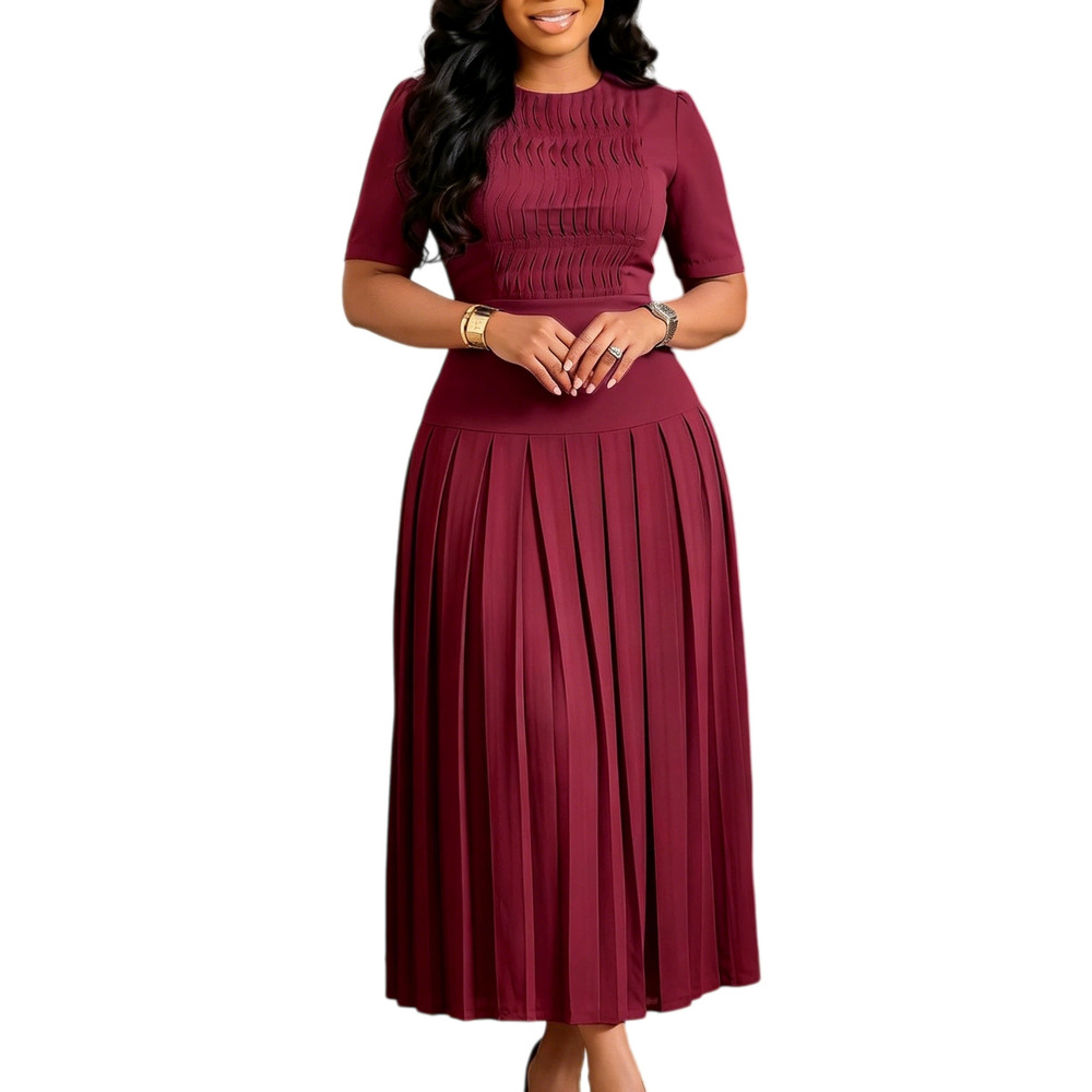 Pleated Round Neck Patchwork Dress - Picture 8 of 9